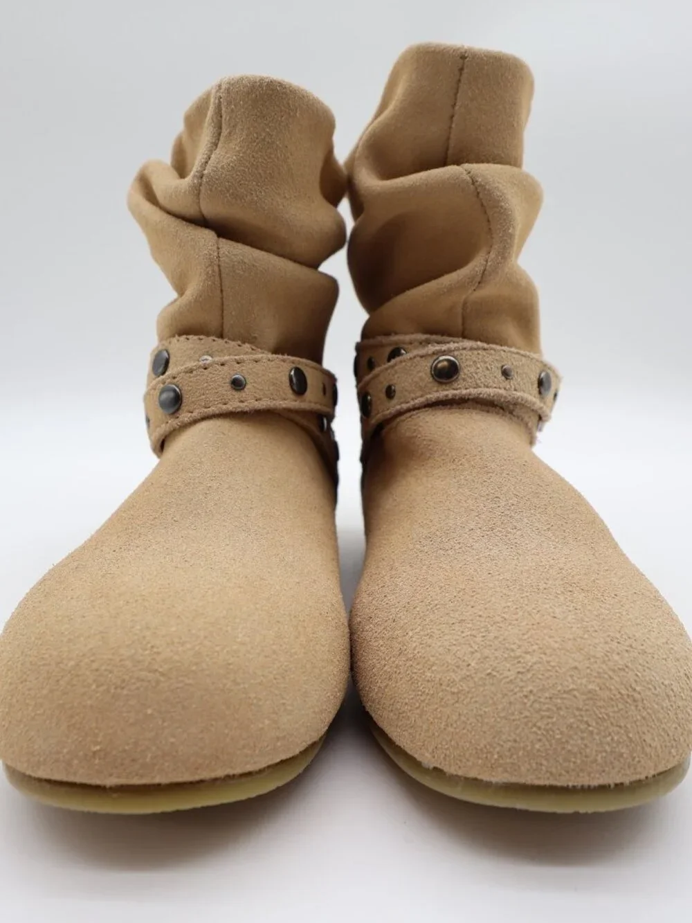 L'Amour Girls Size 11 Tan Leather Slouch Studded Buckle Ankle Boots